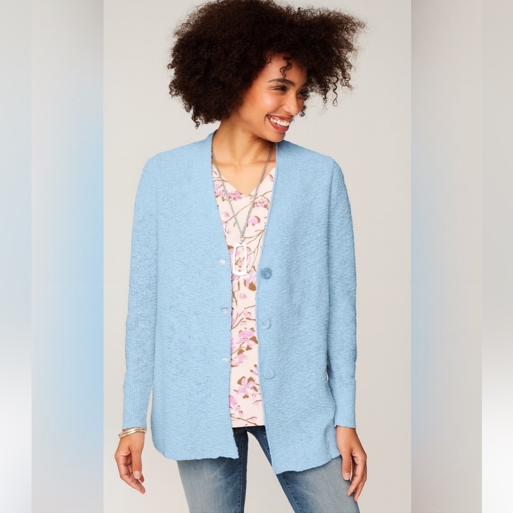 J Jill Blue Slub Textured Cardigan Medium Soft Knit Button Front Cotton Blend